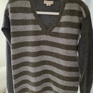 Striped V-Neck Sweater - Gray and Green
